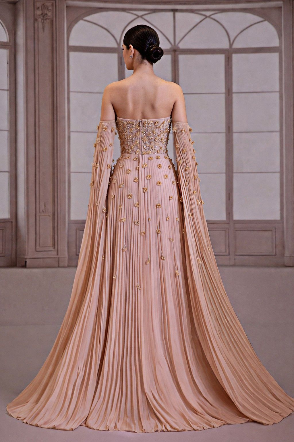 Pink Strapless Beaded Chiffon Dress