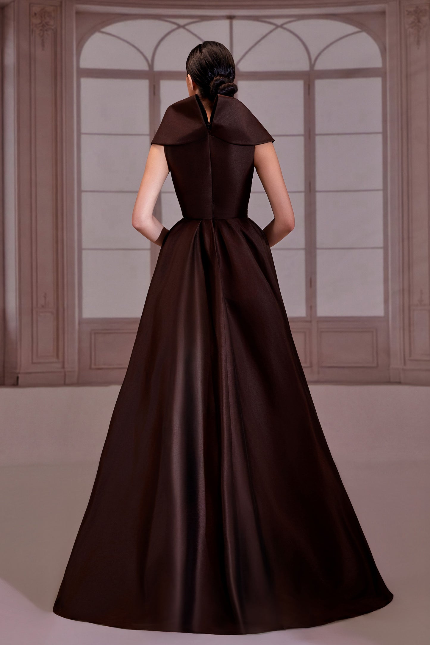 Brown Structured Taffeta Collar Dress