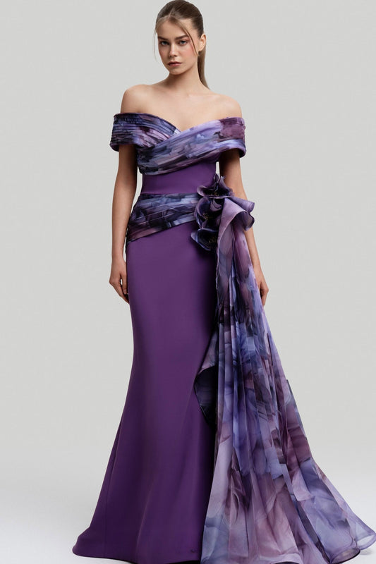 Off Shoulder Floral Print Gown