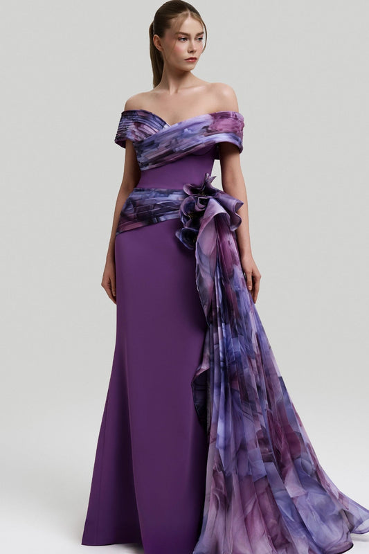 Off Shoulder Floral Print Gown
