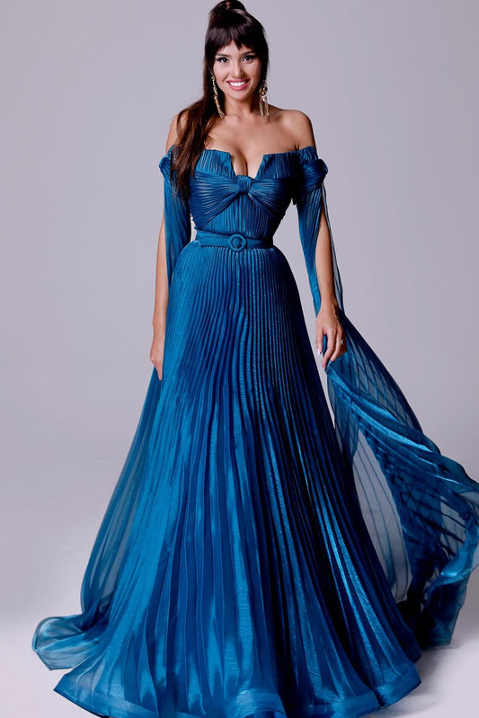 Strapless Pleated Cape Sleeve Gown
