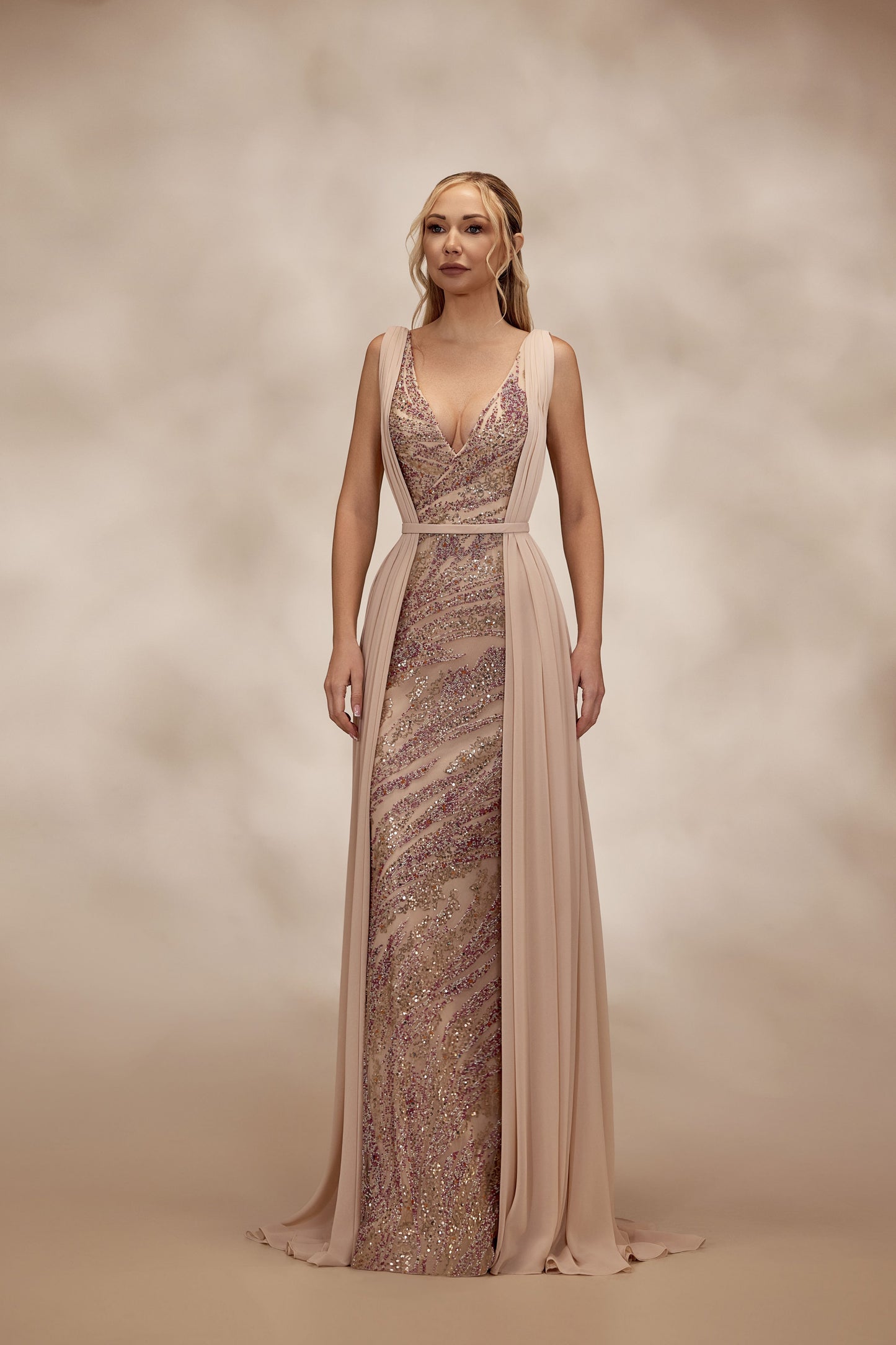 Nude V-Neck Beaded Dress