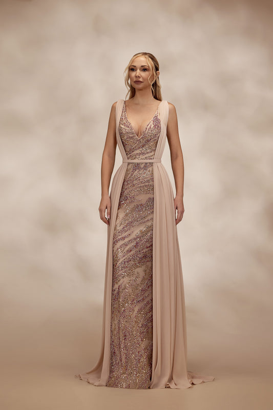 Nude V-Neck Beaded Dress