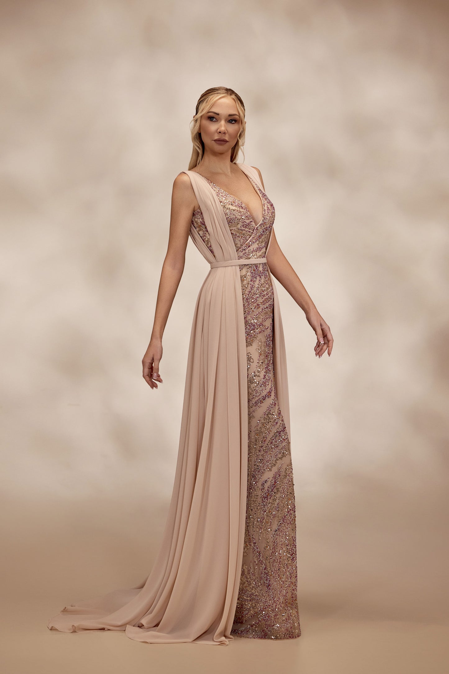 Nude V-Neck Beaded Dress