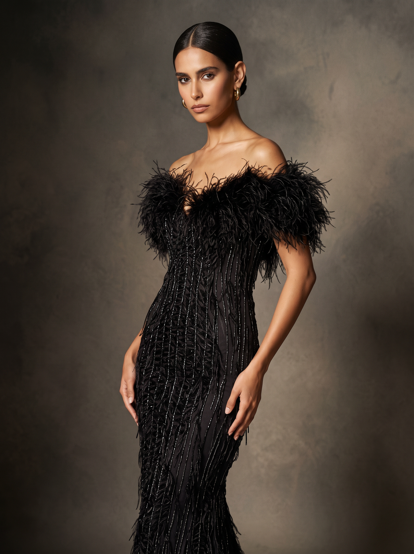 Off Shoulder Feather Gown