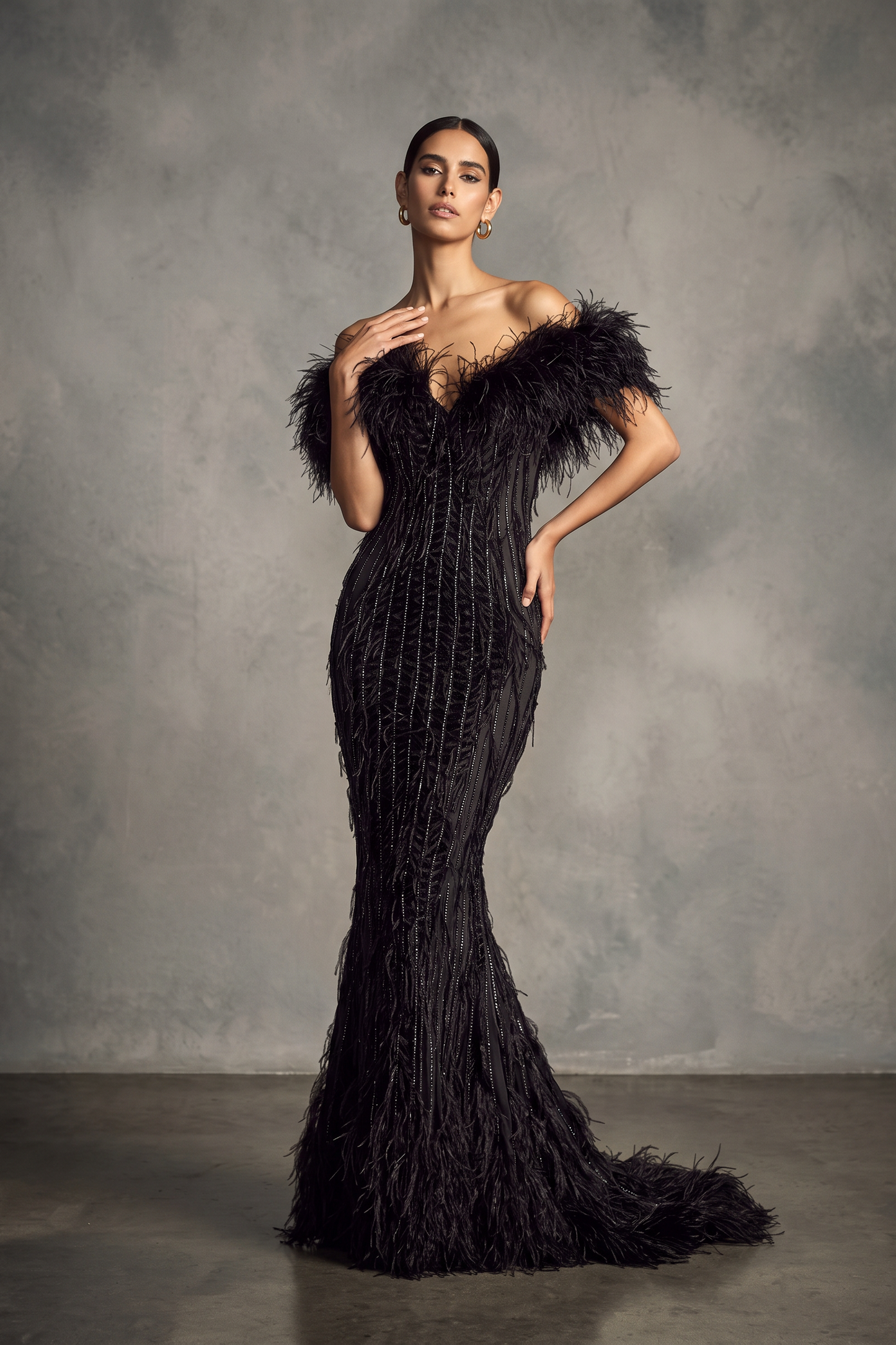 Off Shoulder Feather Gown