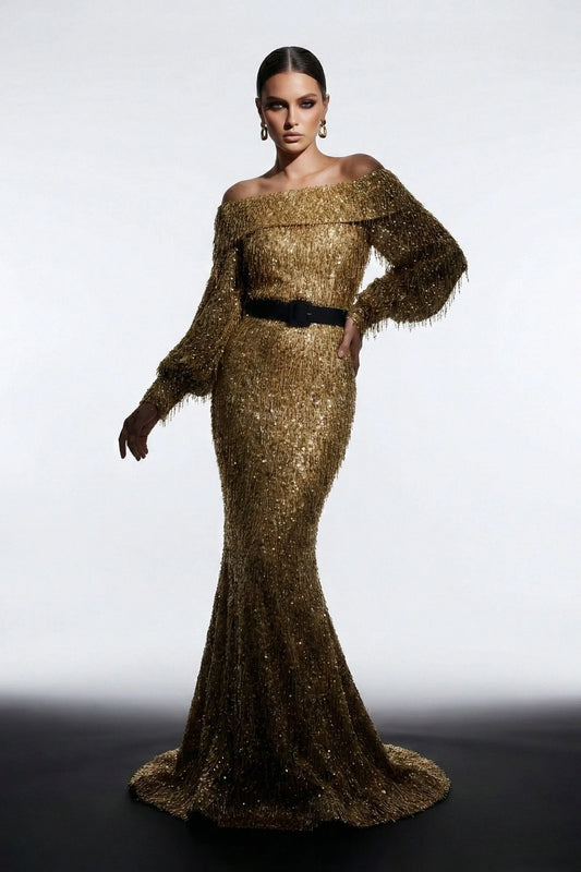 Off-Shoulder Voluminous Sleeve Gown