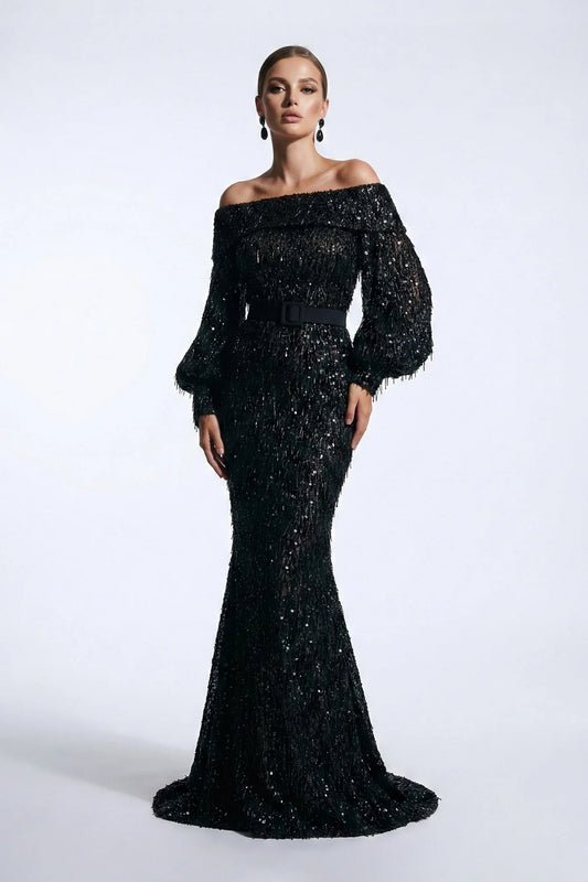 Off-Shoulder Beaded Fringe Gown