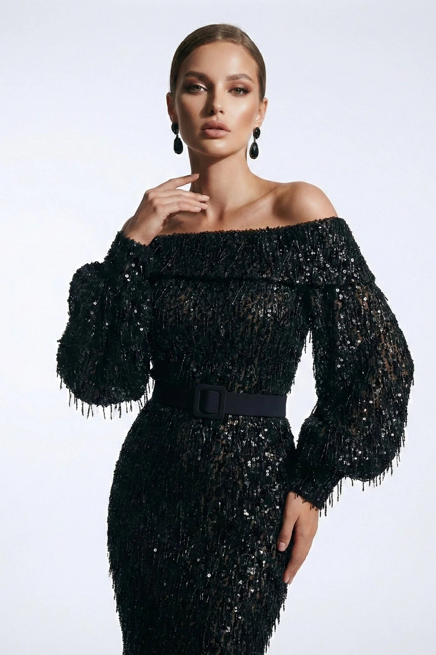 Off-Shoulder Beaded Fringe Gown