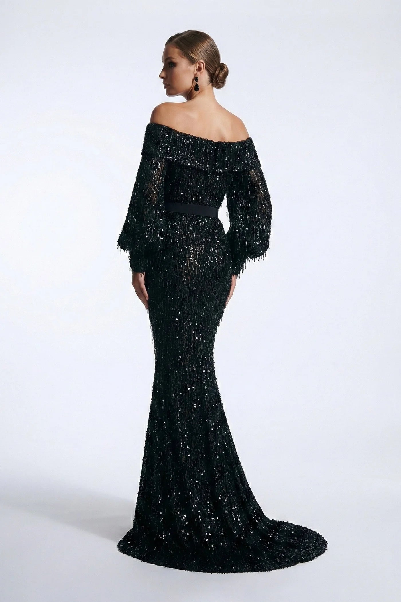 Off-Shoulder Beaded Fringe Gown