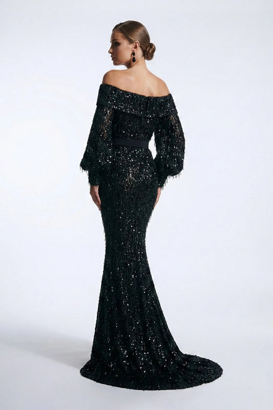 Off-Shoulder Beaded Fringe Gown