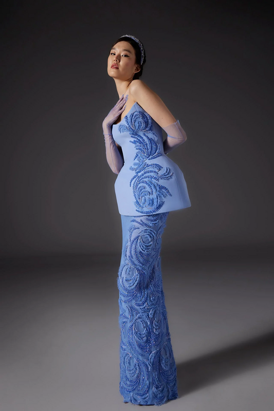 Crepe and Tulle Gown with Embroidery