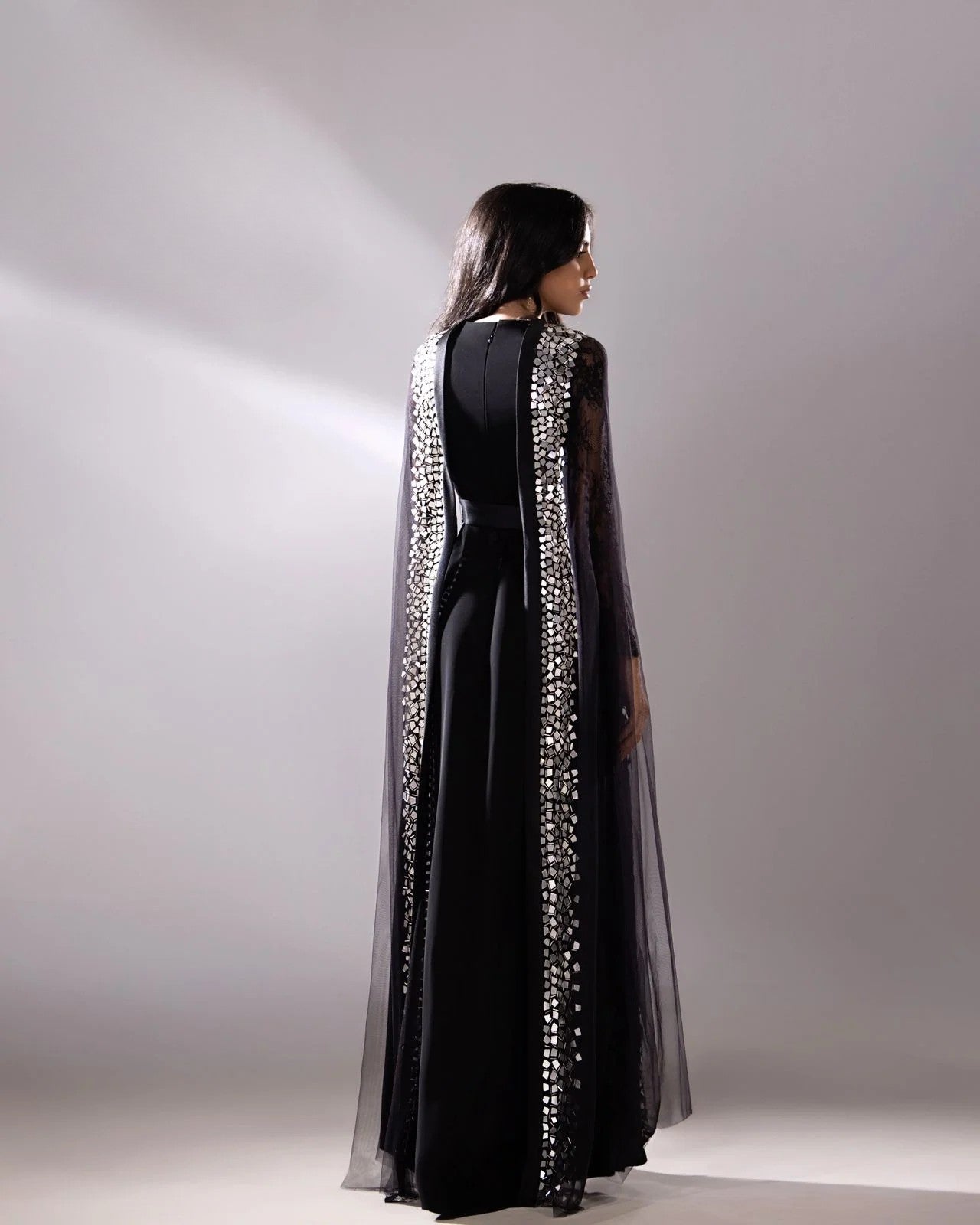 Sheer Beaded Overlay Gown