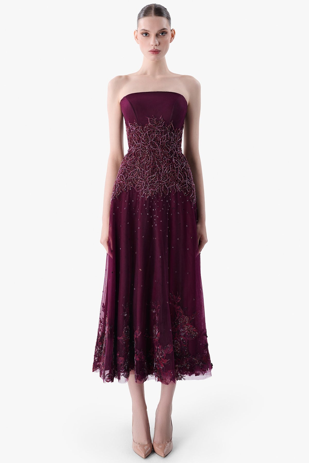 Strapless Tulle Dress with Guipure Embroidery