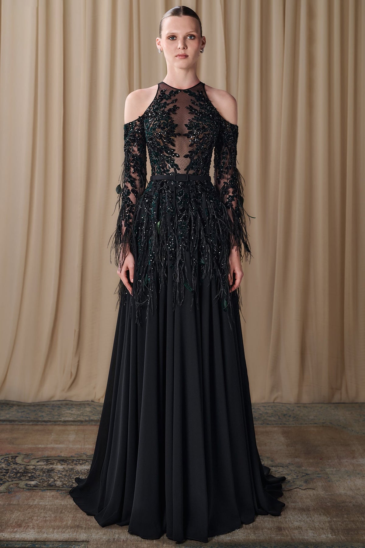 Feathered Cold-Shoulder Gown