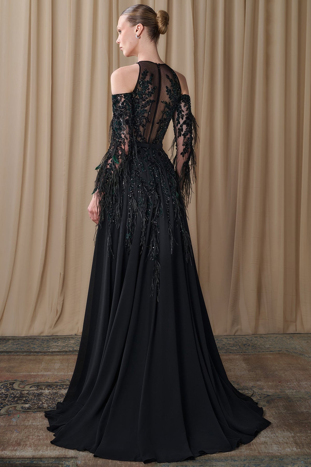 Feathered Cold-Shoulder Gown
