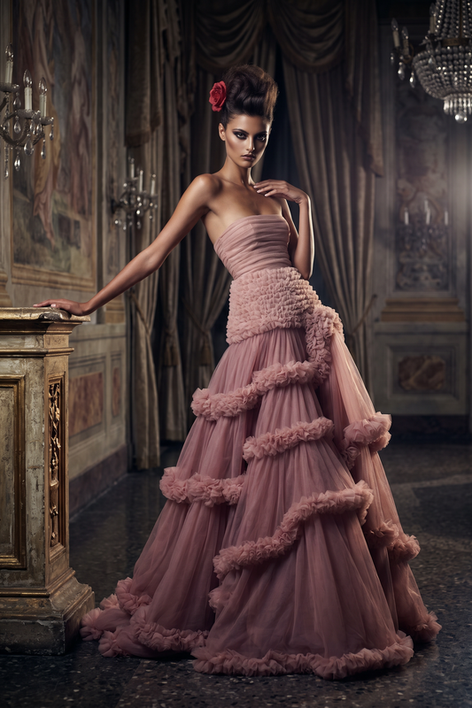 Strapless Ruffle A-Line Gown