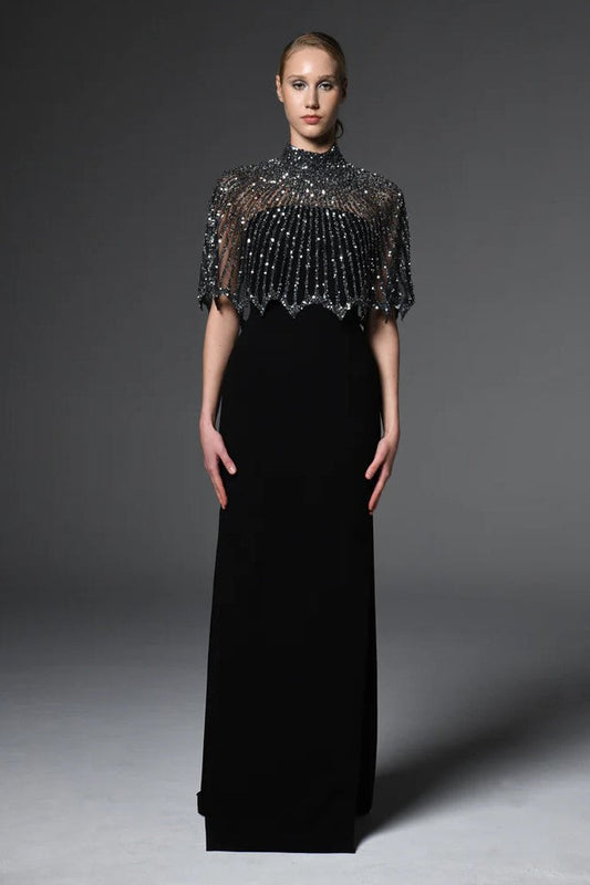 Crepe Gown with Embroidered Bolero