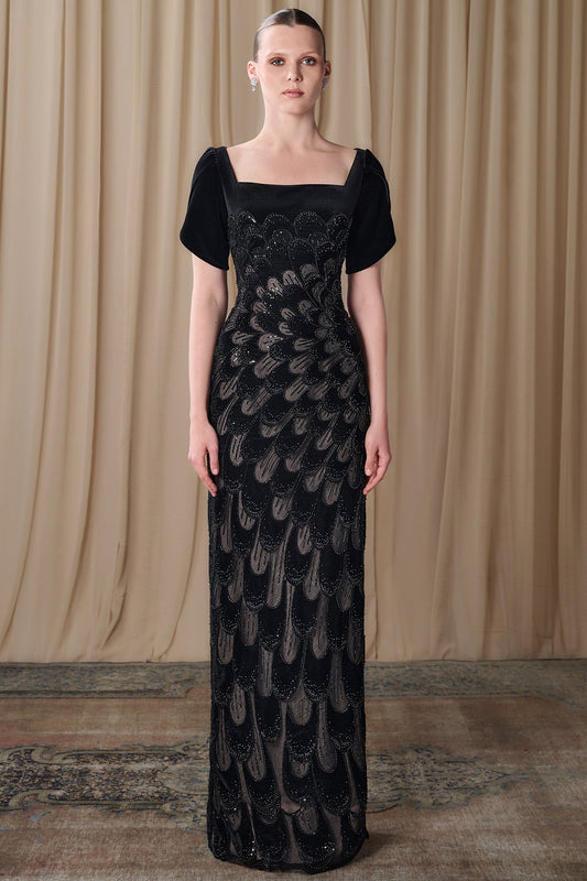 Fan-Embroidered Tulip-Sleeve Gown
