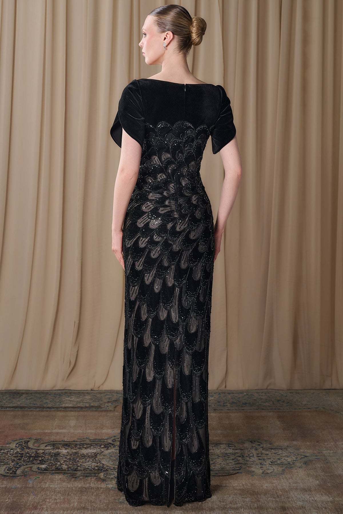 Fan-Embroidered Tulip-Sleeve Gown