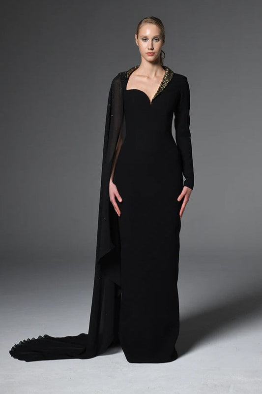 Asymmetric Crepe Gown with Crystals