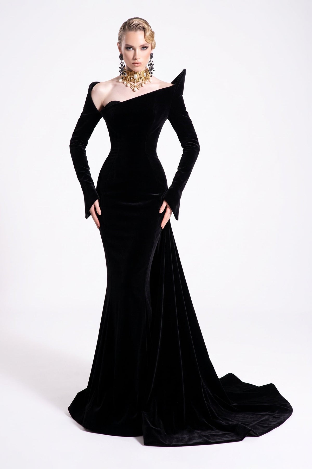 Sculpted Shoulder Velvet Gown