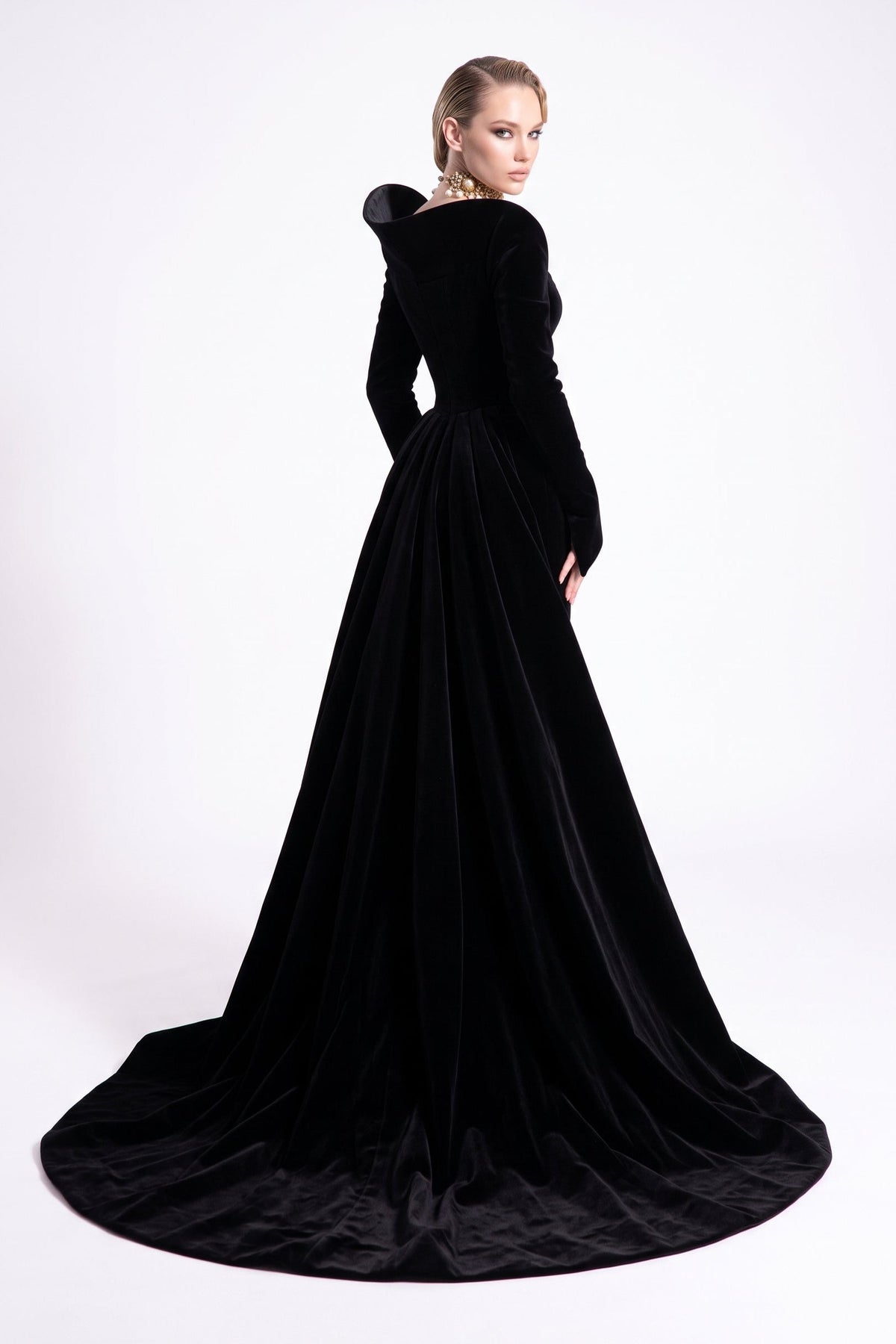 Sculpted Shoulder Velvet Gown