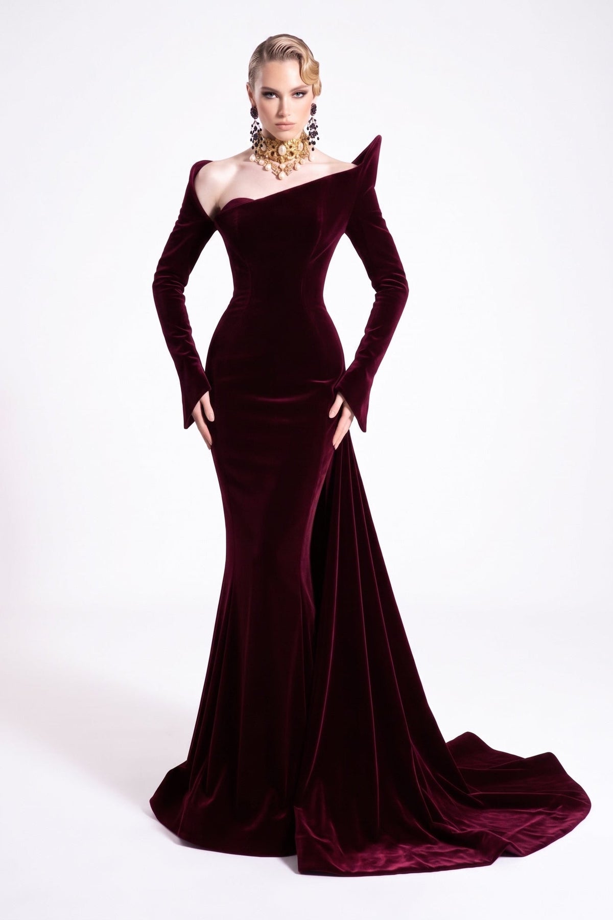 Sculpted Shoulder Velvet Gown
