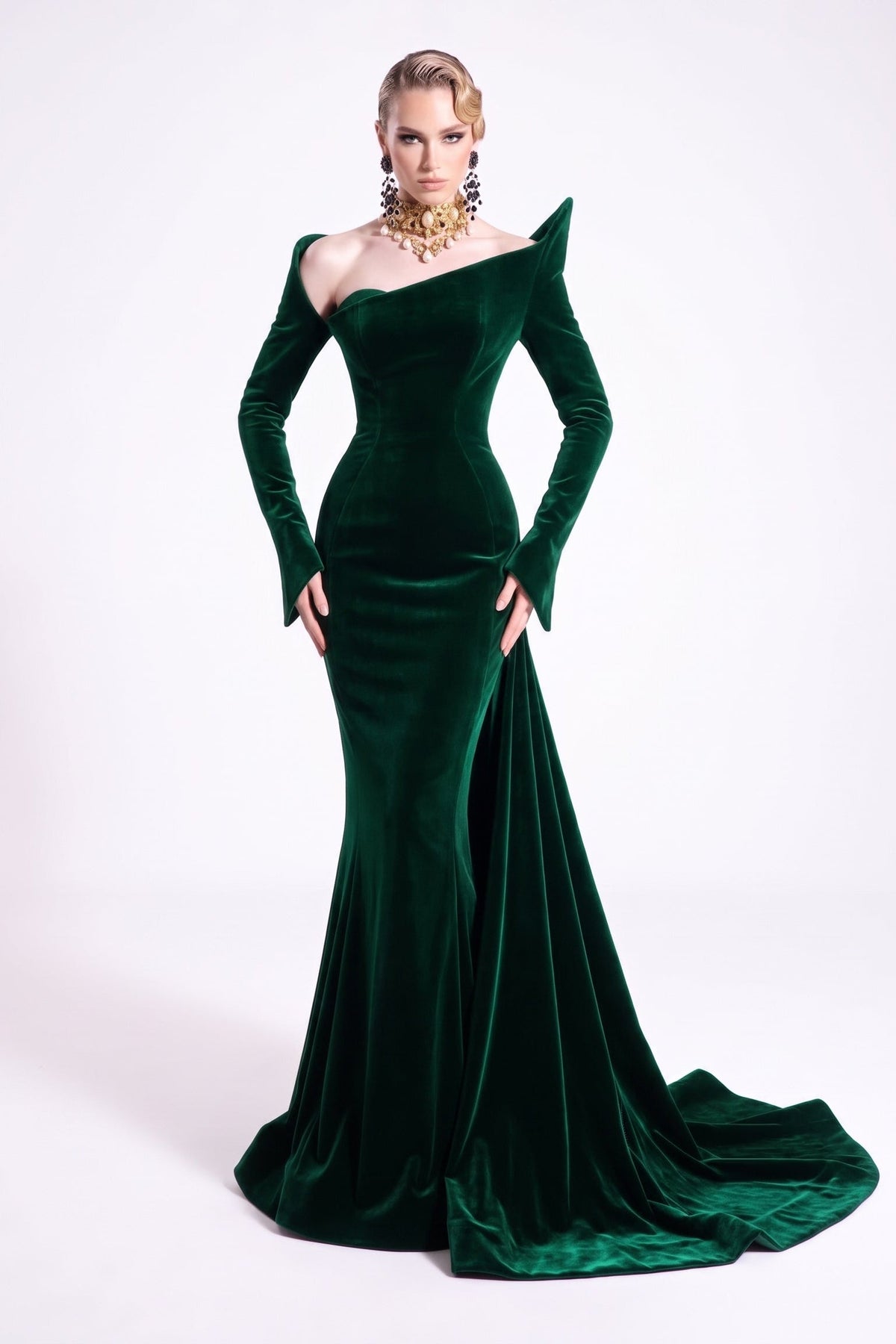 Sculpted Shoulder Velvet Gown