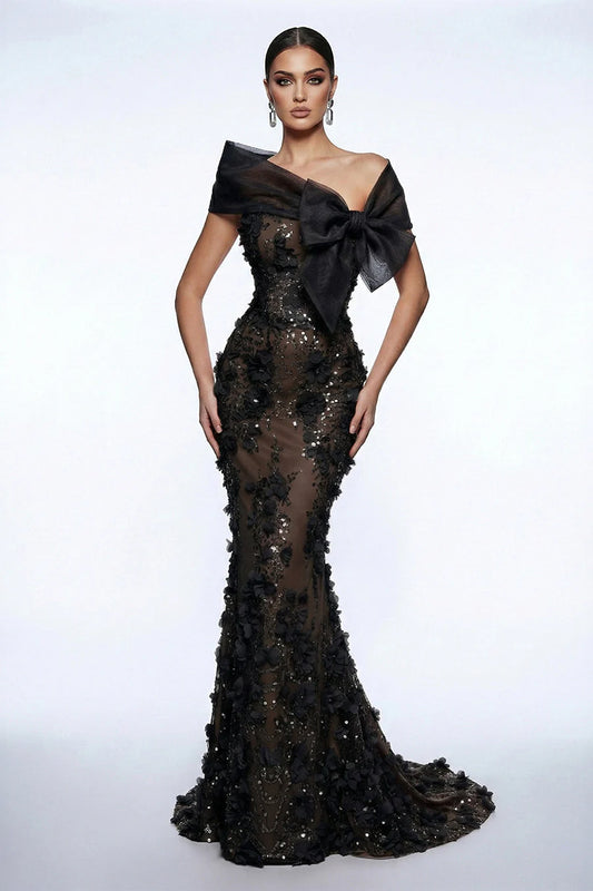 Off-Shoulder Floral Applique Mermaid Gown