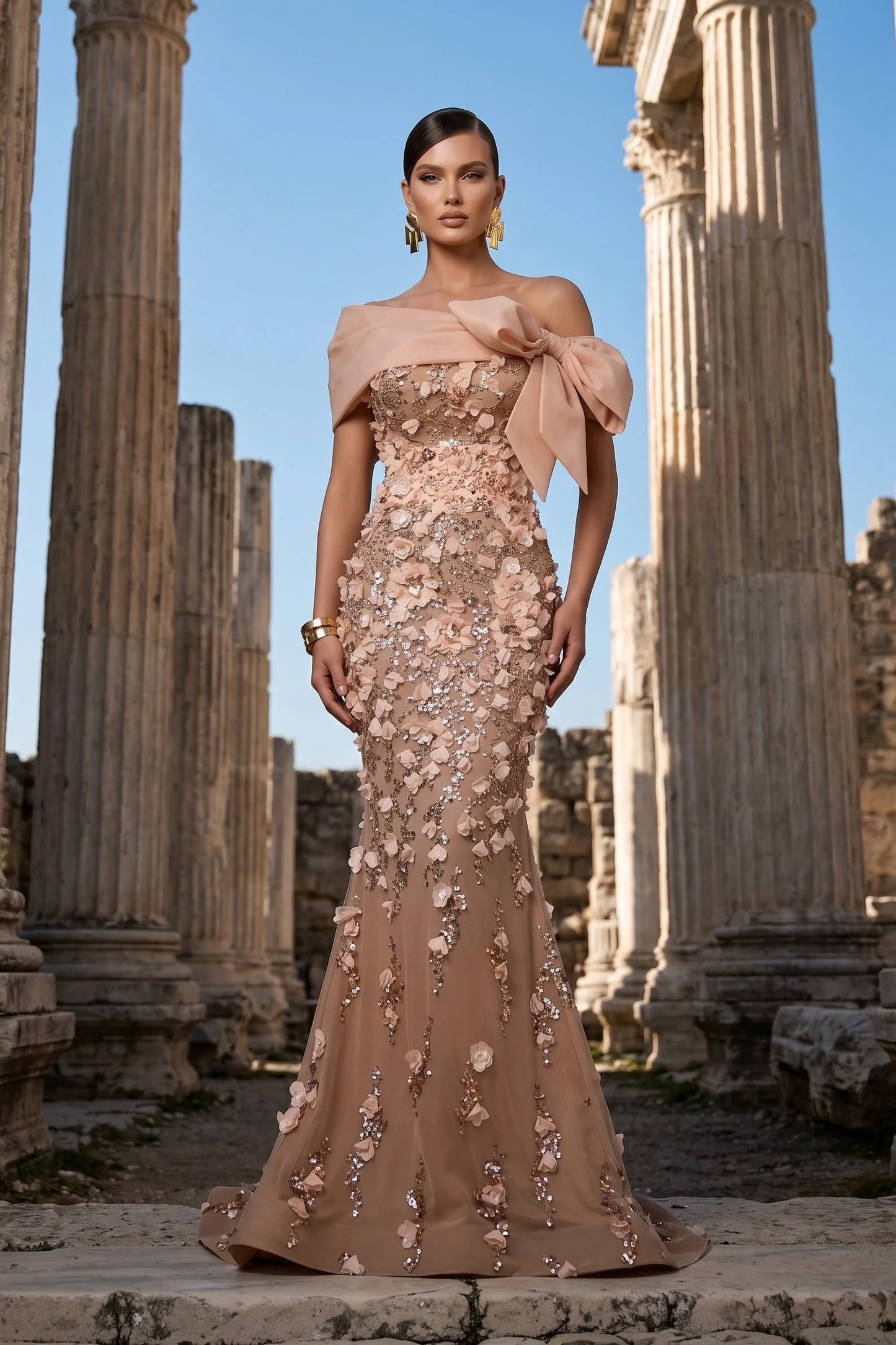 Off-Shoulder Floral Applique Mermaid Gown