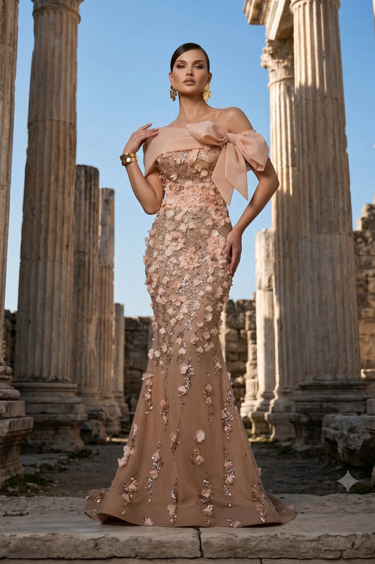 Off-Shoulder Floral Applique Mermaid Gown