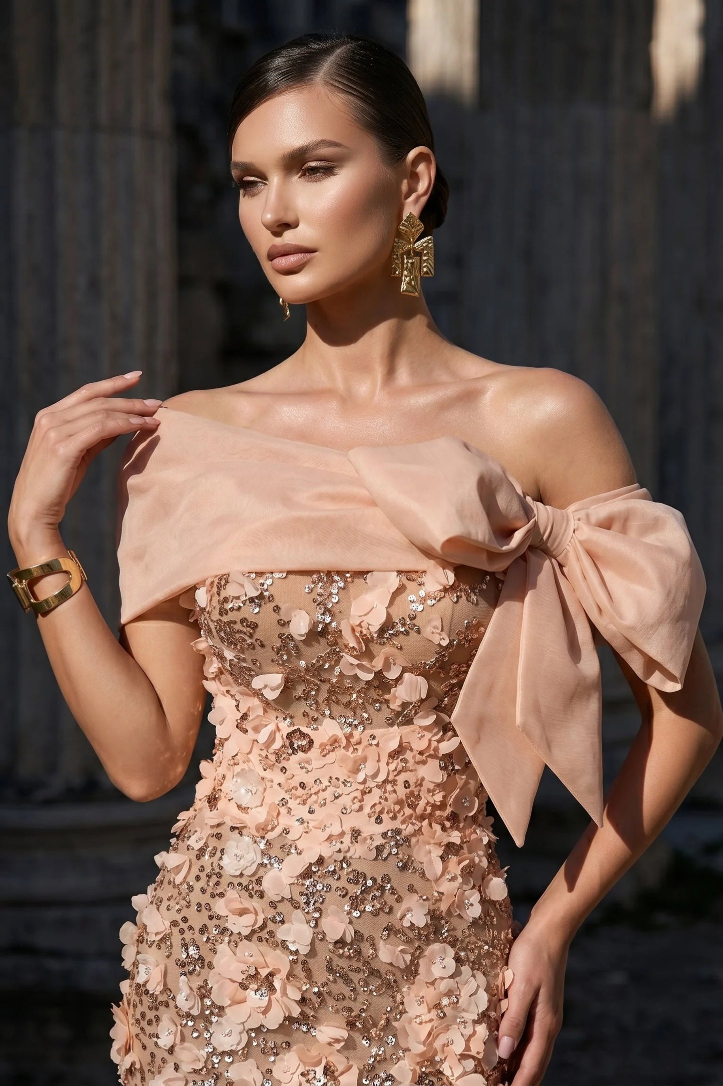 Off-Shoulder Floral Applique Mermaid Gown