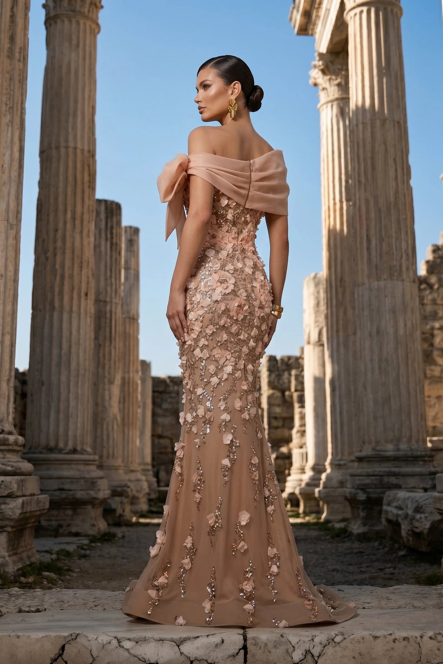 Off-Shoulder Floral Applique Mermaid Gown