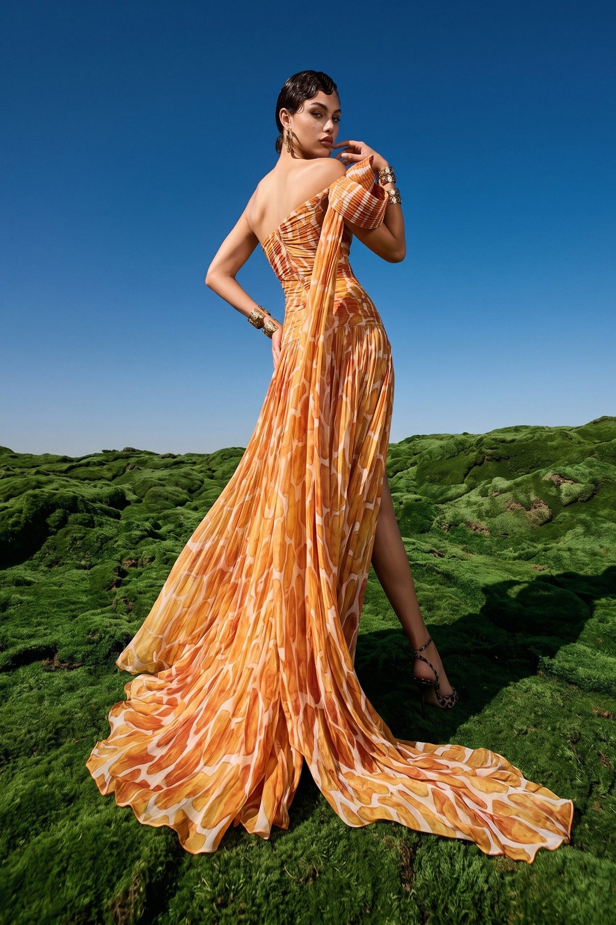 Printed One-Shoulder Bow Gown