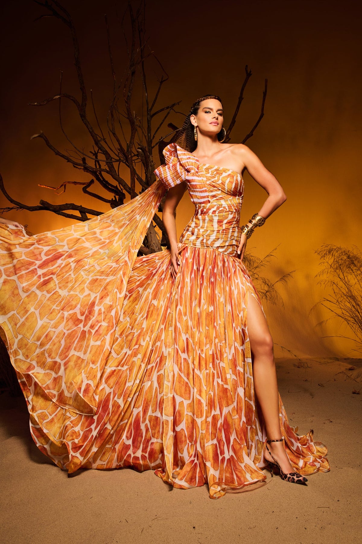 Printed One-Shoulder Bow Gown