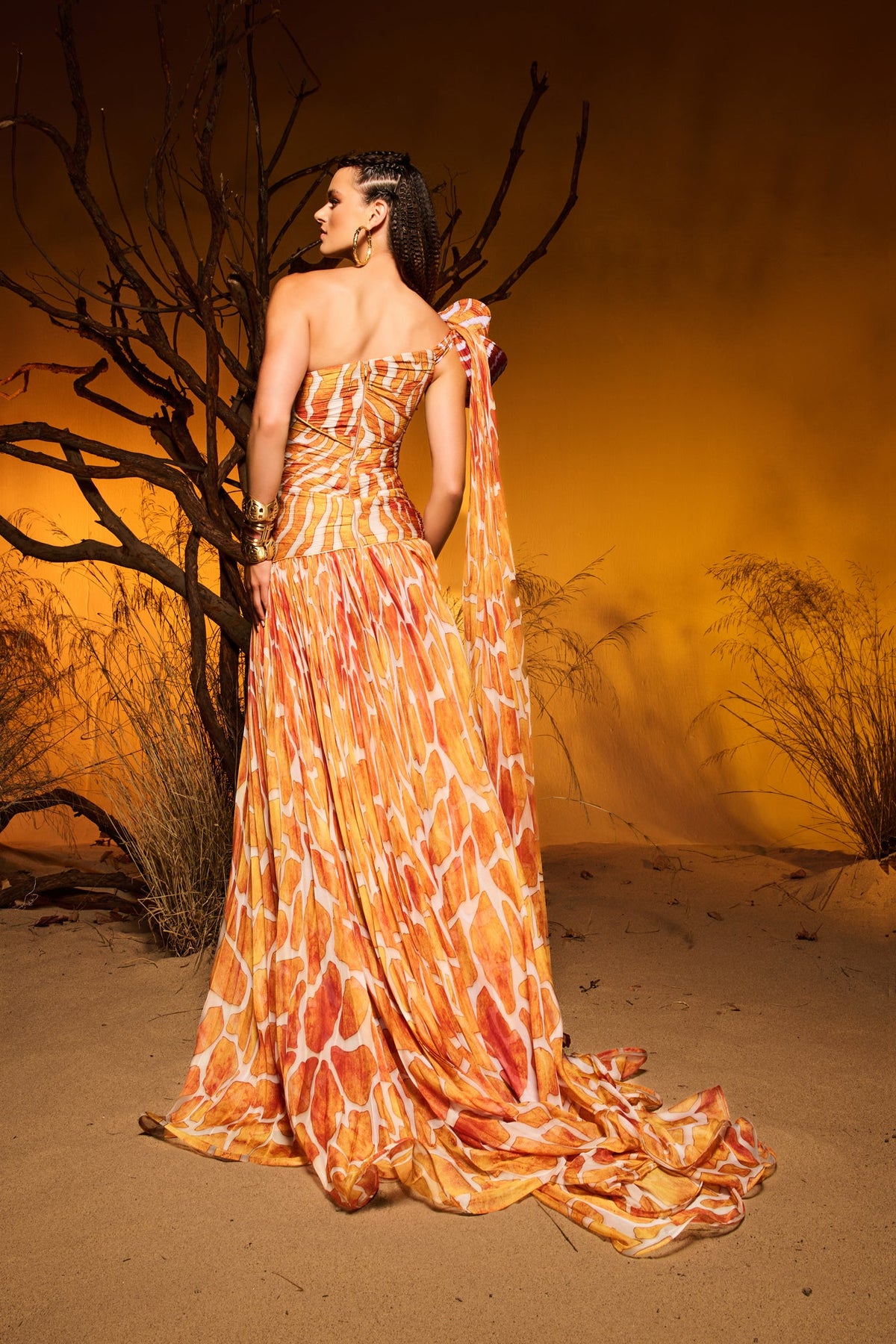 Printed One-Shoulder Bow Gown