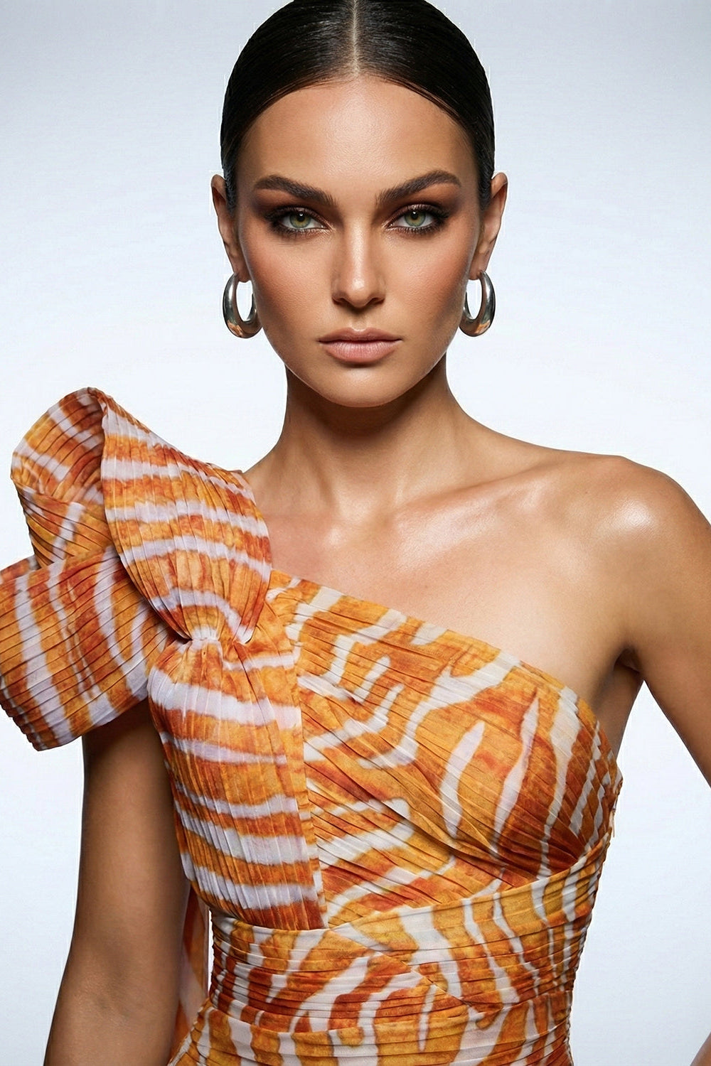 Printed One-Shoulder Bow Gown