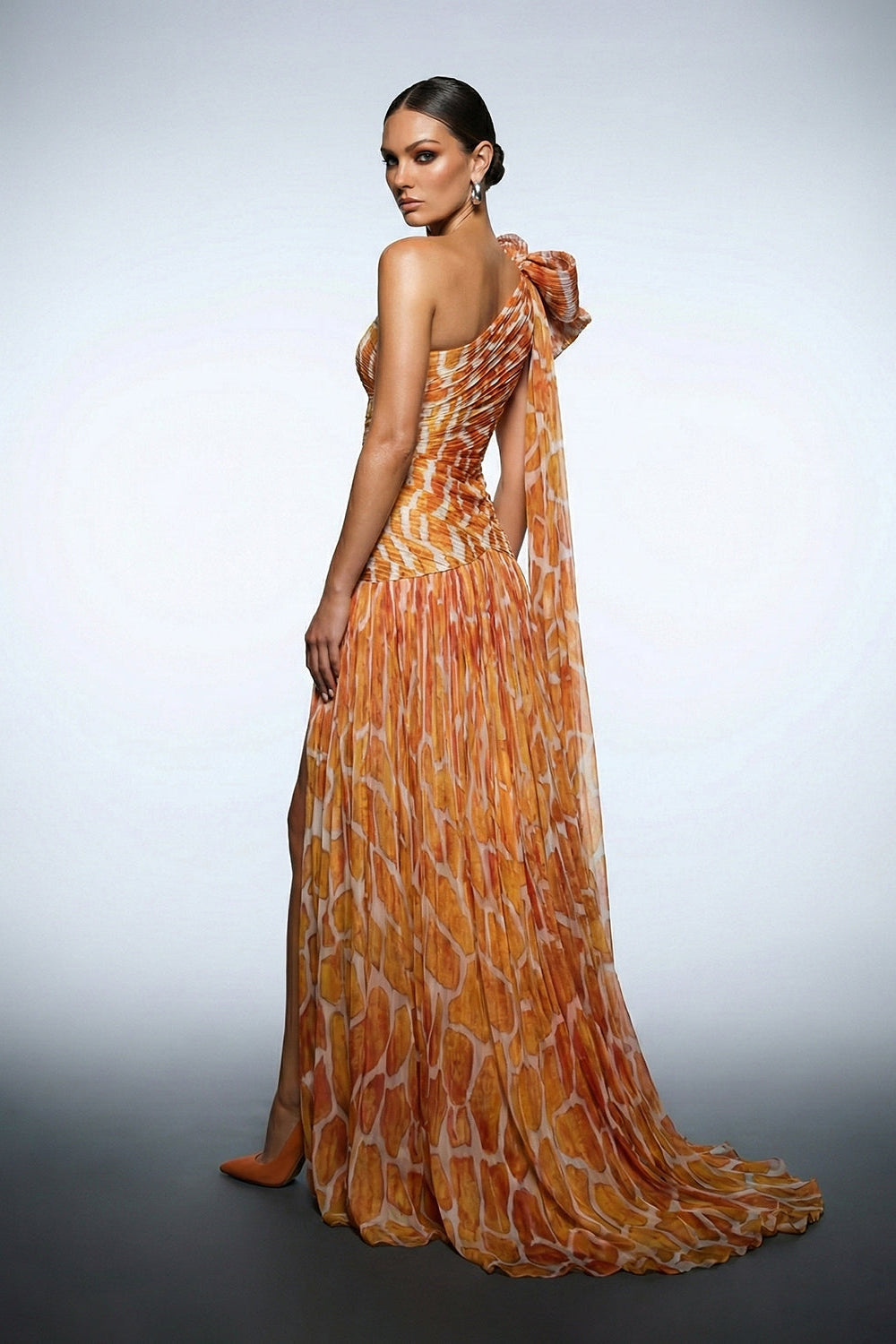 Printed One-Shoulder Bow Gown