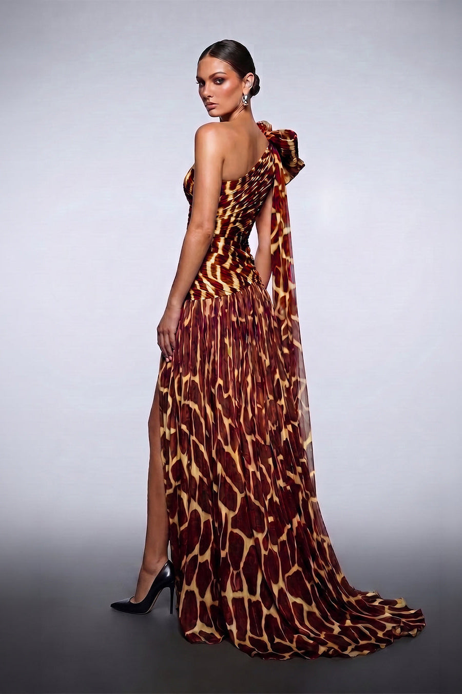 Printed One-Shoulder Bow Gown