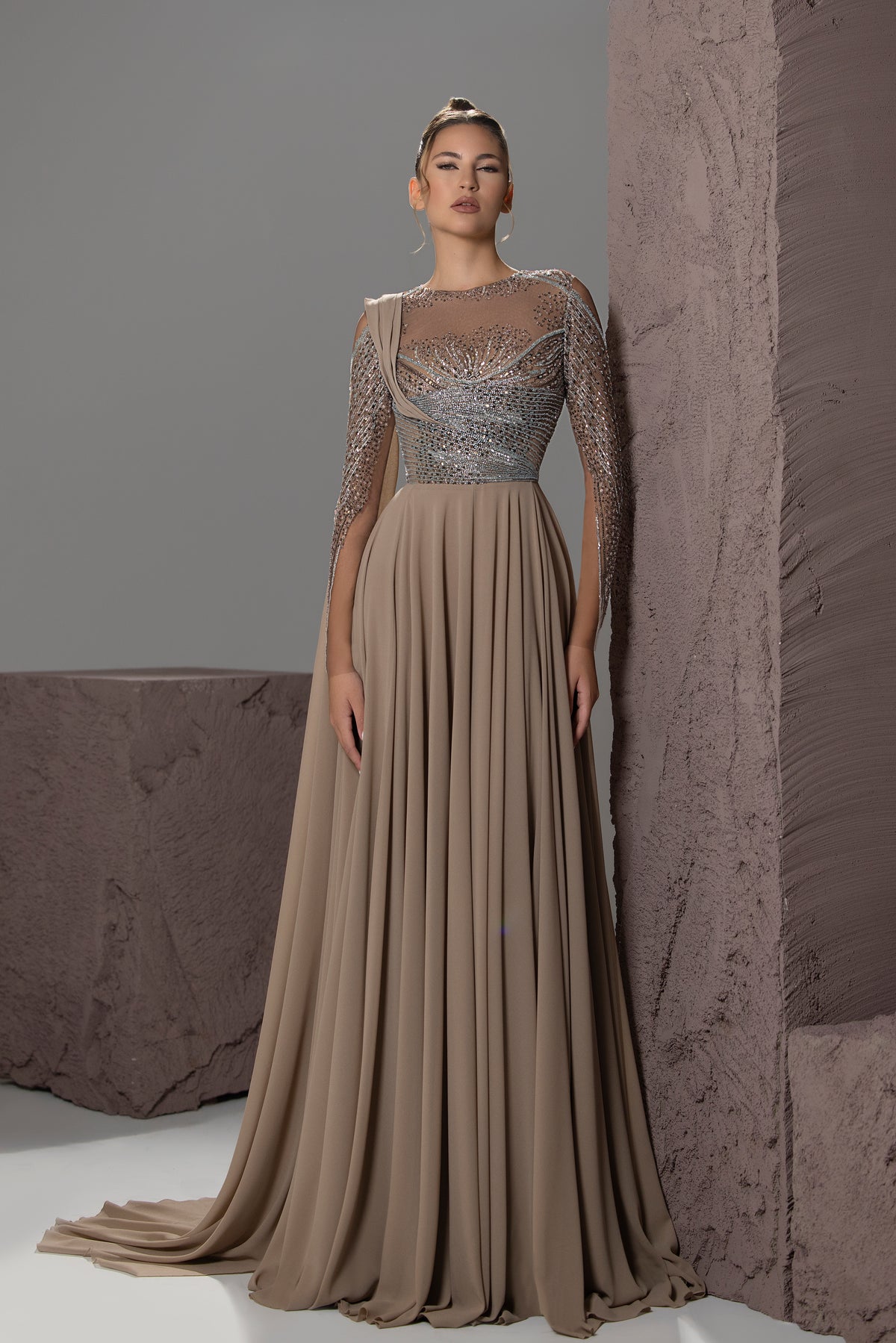 Beaded Cape-Sleeve Gown