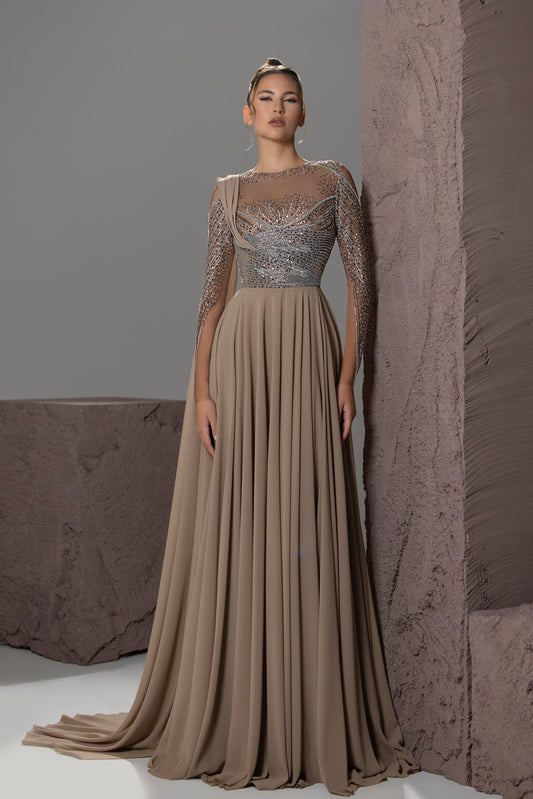 Beaded Cape-Sleeve Gown