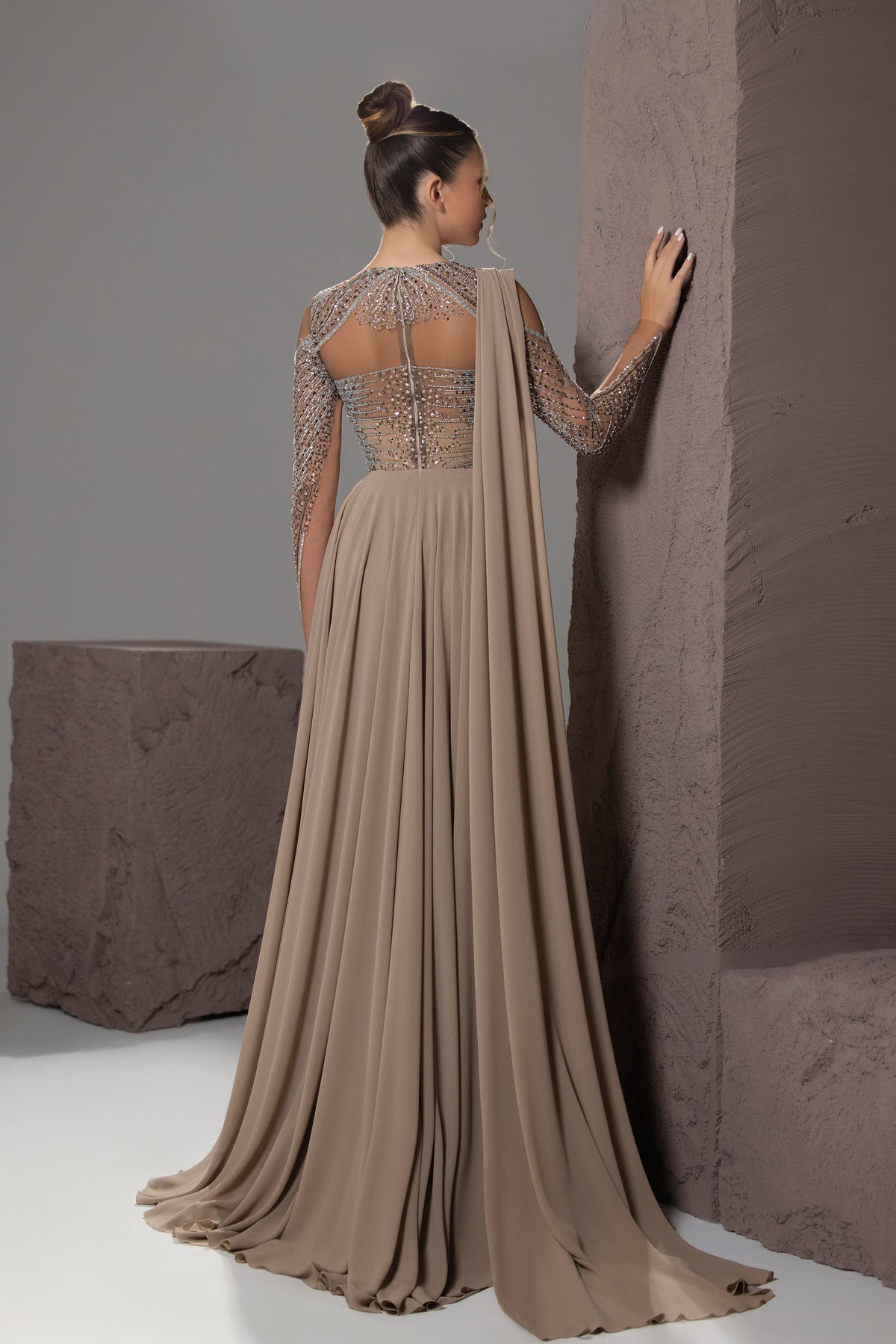 Beaded Cape-Sleeve Gown