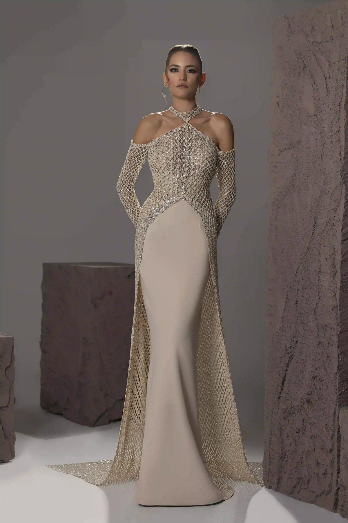 Halter Beaded Lattice Gown