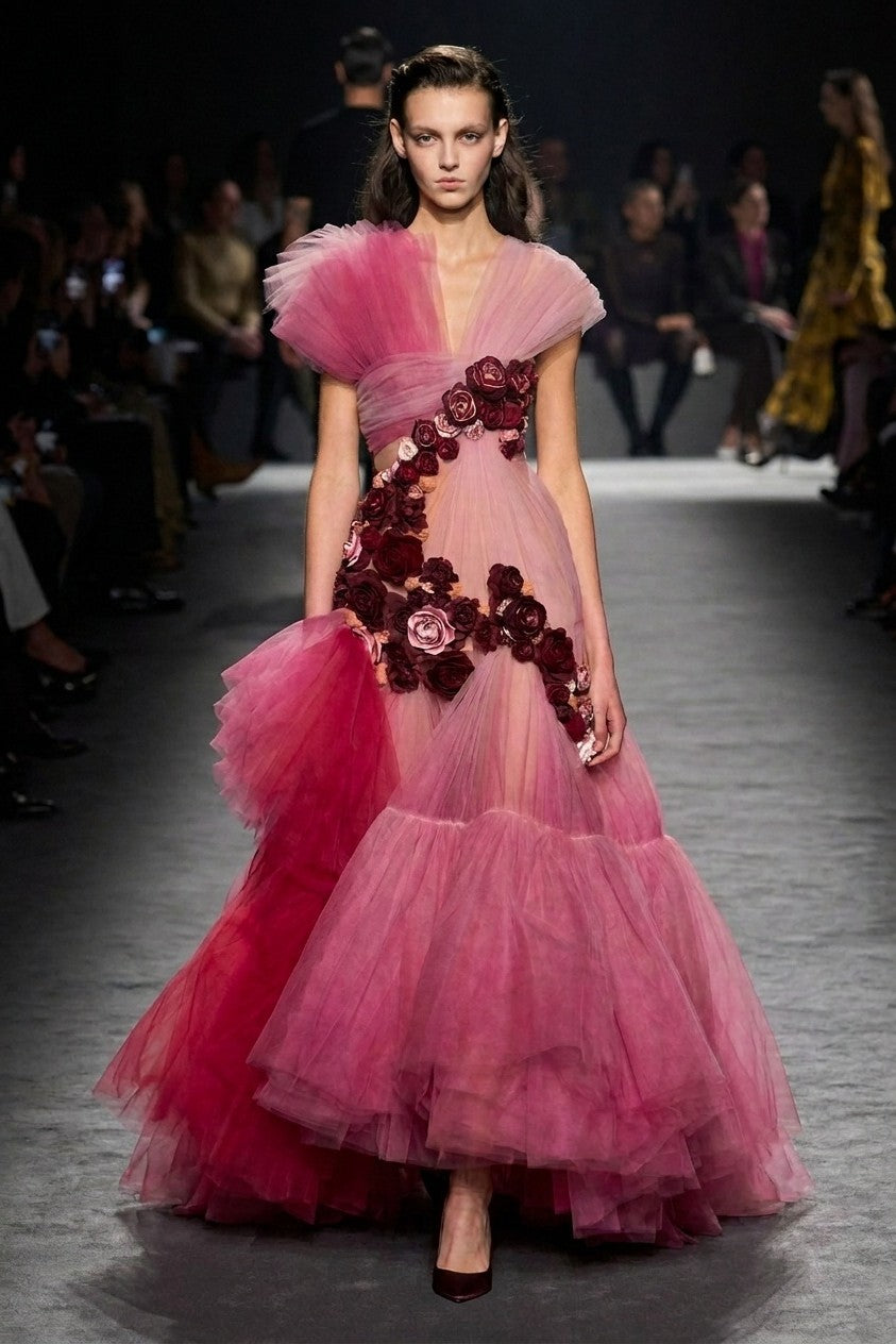 Floral Layered Tulle Gown