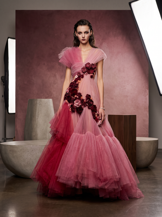 Floral Layered Tulle Gown