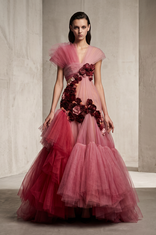 Floral Layered Tulle Gown