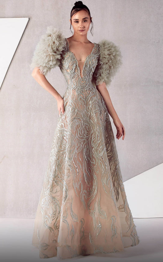 Ruffled Short Sleeve A-Line Gown