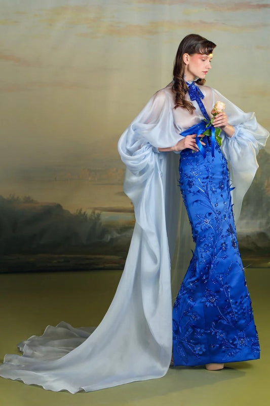 Floral Embroidered Puff Sleeve Gown