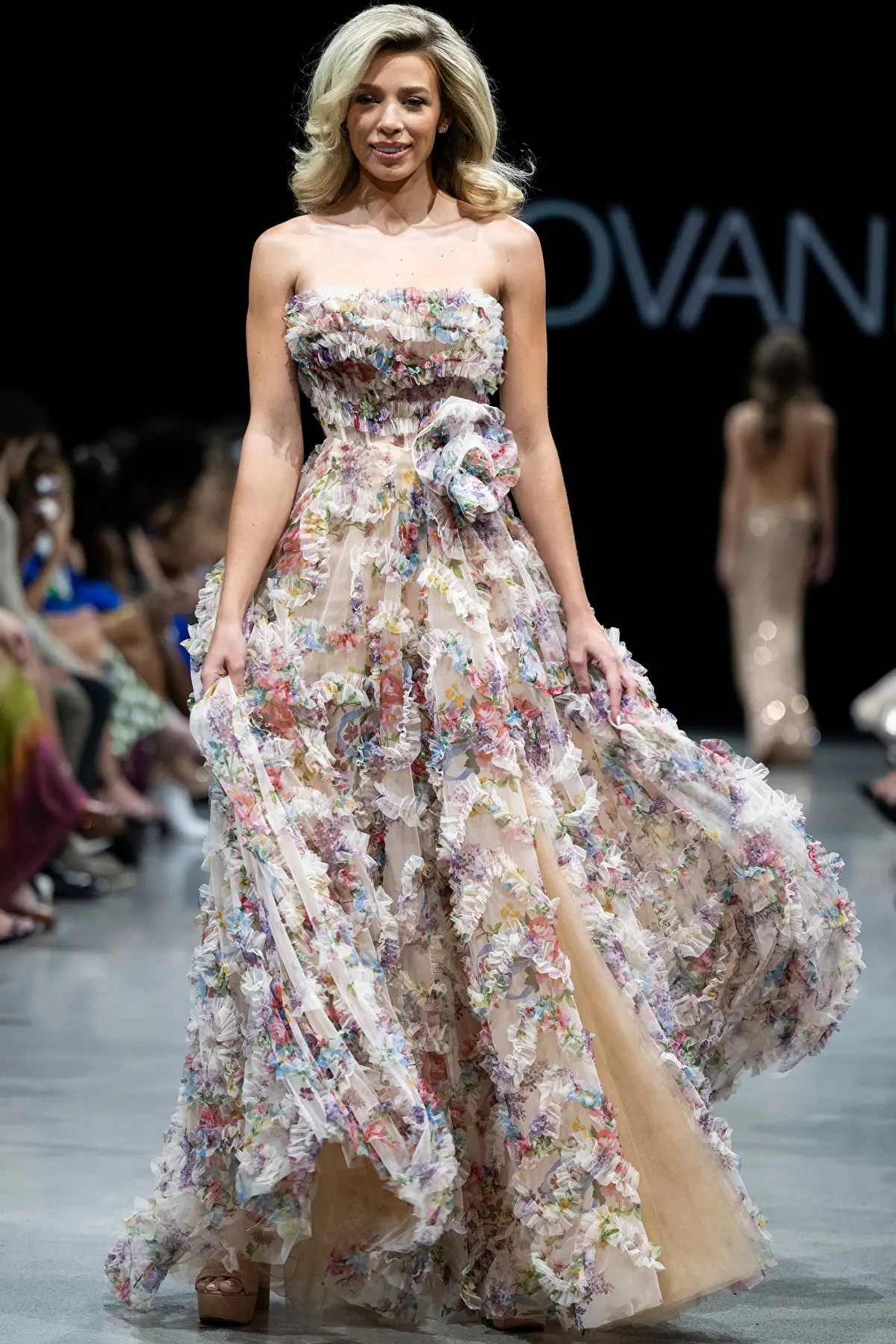 Multi Colored Ruffled Strapless Gown